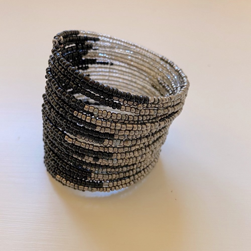 Black and Silver Beaded Cuff Bracelet